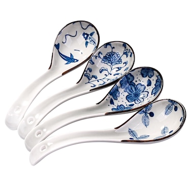 4 Pieces Japanese Soup Spoons,Asian Large Spoons Korean Ceramic Soup Spoons with Long Handle Serving gravy, Soup Noodles