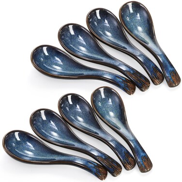 Cididu Set of 8 Asian Soup Spoon Ceramic, Chinese Soup Spoons with Non-slip Bottom, Retro Porcelain Spoon Japanese Pho Spoons Ramen Spoon for Wonton, Noodle, Miso, Dumpling, Dishwasher Safe, 5.2" L