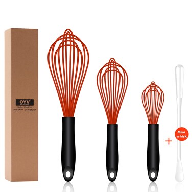 OYV Dishwasher Safe Silicone Whisk, Sealed Waterproof Design Set of 3, Professional Kitchen Whisks for Cooking Non-Scratch, Silicone &amp; Stainless Steel Whisk, Heat Resistant Balloon Egg Beater, Red