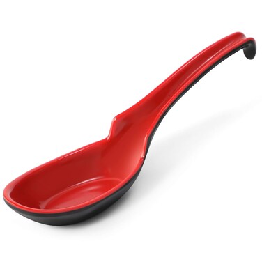 12 PACK Asian Soup Spoons, Rice Spoons, Melamine Chinese Won Ton Soup Spoon For soba, pho, ramen, Noodle, Korean Style Large Spoon with Long Handle- Notch and Hook Style, Red &iuml;&frac14;&dagger; Black