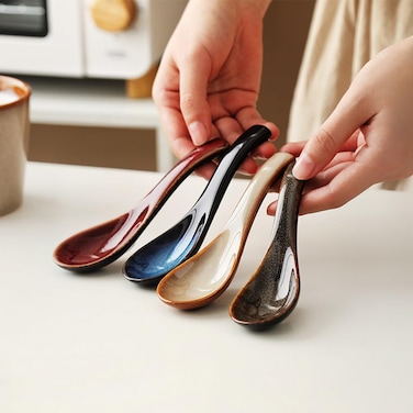 Set of 4 Asian Soup Spoons 5.6-inch Ceramic Chinese Soup Spoons, Non-slip Bottom, for Soups, Japanese Ramen, Miso, Chinese and Vietnamese Wonton, Dumplings, Pho, Noodle, and Korean Soups