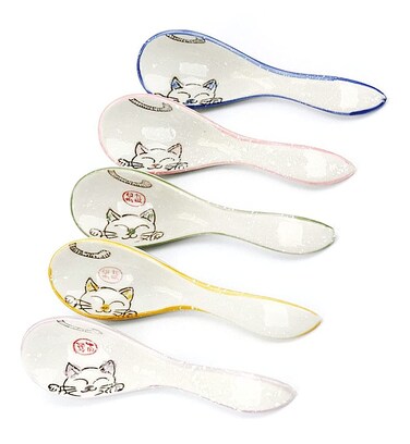 Mozacona 5pcs Ceramic Soup Spoons Lucky Cat Hand Painted Dessert Spoons