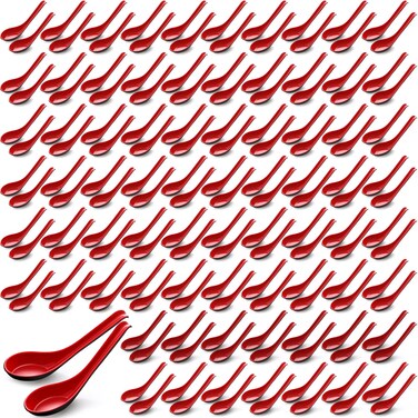 Hushee 200 Pieces Asian Soup Bulk Spoons 6.3 Inch Chinese Japanese Korean Style Spoon Serving Wonton Soba Rice Spoon with Hook for Pho Ramen Noodle Dumpling Dinner, Black and Red