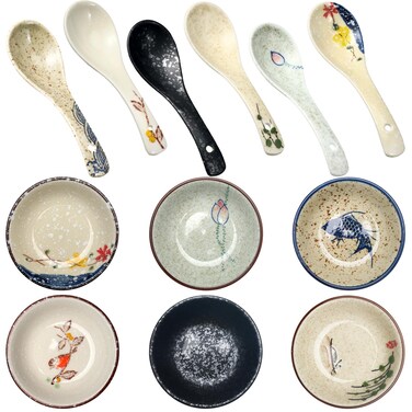Tioncy Set of 12 Japanese Retro Style Tableware Soy Sauce Dish Set 6 Pcs Asian Soup Spoons 6 Pcs Ramen Spoon Appetizer Plates 3.8 Inch Japanese Rice Spoon for Sushi Sauce Snack