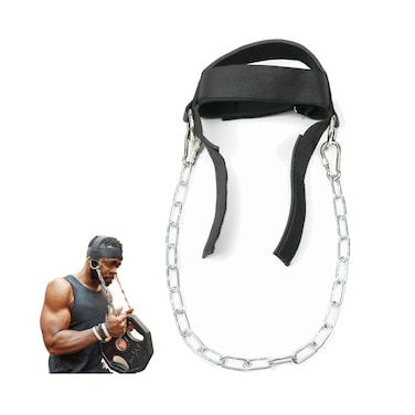 Wellsem Neck Harness with Adjustable Neck Strap and 30" Heavy Duty Steel Chain for Head Lifting Weights, Neck Exercise Gym Equipment Muscle Growth and Core Strength Training (Black)