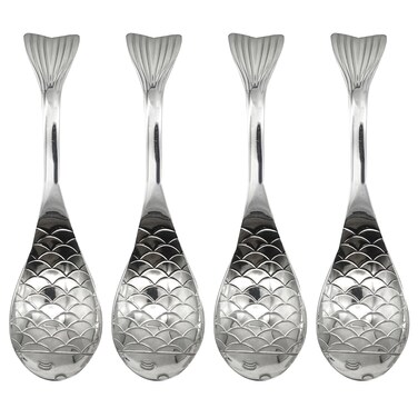 Pinenjoy 4Pcs Silver Fish Spoon 18/10(304) Stainless Steel Asian Soup Spoon Short Handle Spoon for Porridge Cereal Rice
