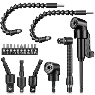 Therwen 18 Pcs Flexible Drill Bit Extension Set 105&Acirc;&deg; Right Angle Drill Bit Attachment 1/4, 3/8, 1/2 Inch Hex Adapter Socket Socket Wrench Bendable Magnetic Extender Screwdriver Electric Manual Tool