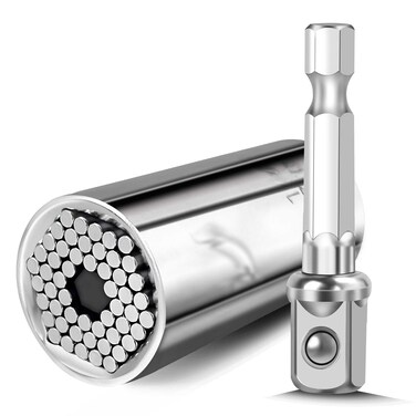 Hanpex Super Universal Socket Tools for Men with Power Drill Adapter Fits Standard 1/4" - 3/4" Metric 7-19mm, Super Socket Multi Shape Functional Magic Grip Silver
