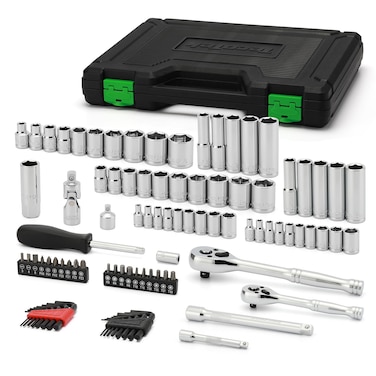 TecoTek 94pcs 1/4" &amp; 3/8" Drive Socket Set, Socket Wrench Set with Ratchet Handle, Extention Bar, Adapter, Screwdriver Bit Set, Spark Plug Socket, CR-V, Metric/SAE, Deep/Shallow, Mirror Chrome Finish