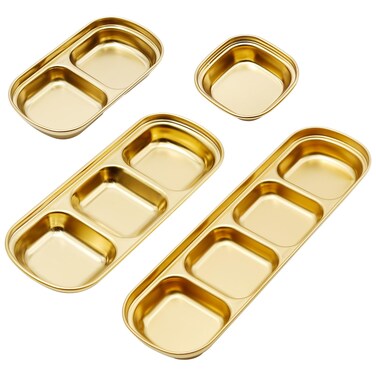 4 Pcs Stainless Steel Sauce Dish, Divided Dipping Plates, Divided Seasoning Sauce Dip Bowl, 1/2/3/4 Compartment Sauce Vinegar Seasoning Dishes, Vinegar Soy Spice Condiment Tray for Home Restaurant
