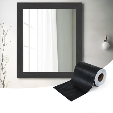 LONGKING Premium 10M Black Wood Grain Peel and Stick Mirror Border Wall Decal: Waterproof PVC Wallpaper Sticker for Kitchen &amp; Bathroom, 393x4.2 in