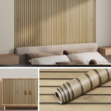 Livelynine Slats Wood Wallpaper Peel and Stick Removable Natural Wood Contact Paper Peel &amp; Stick Accent Wall Vinyl Beadboard Paneling Faux Wood Slat Wall Panel Wallpaper for Bedroom Bathroom 15.8x78.8