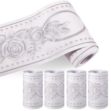 TaoBary 4 Rolls 4" x16.4 ft Self Adhesive Waterproof Wallpaper Border 3D Flower Pattern Wall Decor Removable Tiles Sticker for Home Bathroom Kitchen Decor(White,Peony)