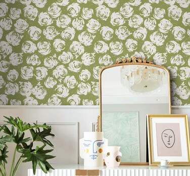 Safiyya Floral Wallpaper Peel and Stick Wallpaper Green and White Wallpaper Peel and Stick Wallpaper Boho Green Contact Paper Self Adhesive Removable Wallpaper for Bathroom 196"x17.3