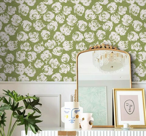 Safiyya Floral Wallpaper Peel and Stick Wallpaper Green and White Wallpaper Peel and Stick Wallpaper Boho Green Contact Paper Self Adhesive Removable Wallpaper for Bathroom 196&quot;x17.3