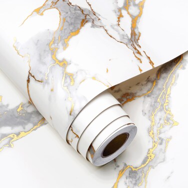 FunStick Thick White Marble Contact Paper for Countertops Cabinets Waterproof White Gold Marble Wallpaper Peel and Stick Countertops for Kitchen Removable Marble Wall Paper for Bathroom Desk 12"x200