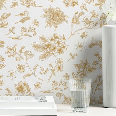 Safiyya Peel and Stick Wallpaper Floral and Birds Contact Paper Gold and White Wallpaper Gold Removable Wallpaper Peel and Stick Wallpaper Boho Wallpaper for Bedroom 118"x17.3