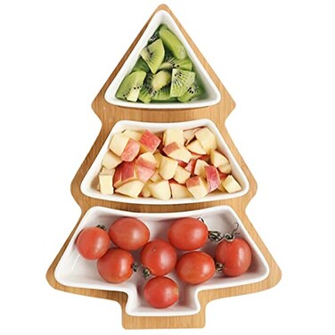 Loticy White Tree Plates Chip &amp; Dip Set, 11 Inches Ceramic Snack Plate with Bamboo Tray, Removable Porcelain Christmas Tree Appetizer Dessert Fruit Salad Saucers Bowl, Cutlery Platter Serving Dish