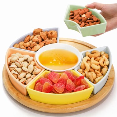 Eorbow 11'' Lazy Susan Serving Tray, Ceramic Appetizer Divided Dishes, Removable Relish Dishes with 360&Acirc;&deg; Silent Rotating Platter, 6 pcs Snack Bowls for Chip Dip Veggies Candy Nut Condiment Party