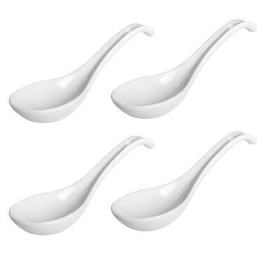 Porcelain Soup Spoons,7 inch Asian Soup Spoons,Ramen spoons, Japanese soup spoons for Pho, Wonton, Noodles, Chinese Ceramic Rice Spoons, Japanese Ramen Spoons, White Set of 4