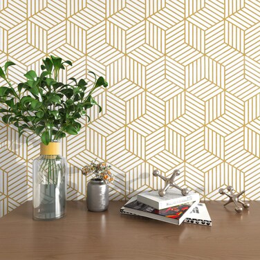 MelunMer Gold Geometric Wallpaper Peel and Stick 512In L 17.7In W Self Adhesive Removable Wallpaper for Bedroom/Bathroom Waterproof Gold/White Contact Paper Hexagon Modern Contact Paper for Cabinets