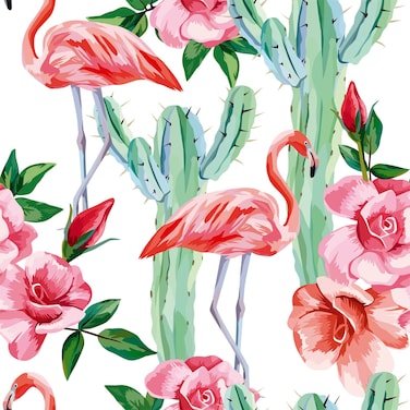 ReWallpaper Pink Flamingo Wallpaper Green Tropical Cactus Peel and Stick Wallpaper Removable 17.5in X 10ft Vinyl Floral Contact Paper for Shelves Walls Locker Flower Wall Paper Roll for Girls Bedroom