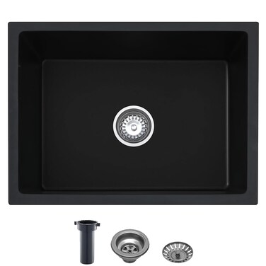 UFaucet 23 Inch Black Granite Composite Kitchen Sink, 23x18 Inch Matte Black Quartz Classic Dual Mount Bar Sink, Modern Single Bowl Kitchen Sink with Drain Strainer