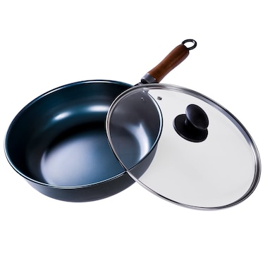 Armarpot Wok 11 Inch with Lid - Carbon Steel Nonstick Light Weight Flat Bottom Frypan/Saucepan/Skillet, No Coating, for Deep Frying Pan Frying Stewing Grilling, Healthy Meal, Fast Heat