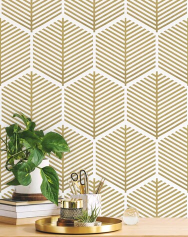 Fititem Gold and White Peel and Stick Wallpaper Boho Modern Gold Contact Paper Removable Self Adhesive Wallpaper for Bedroom Bathroom Waterproof Hexagon Striped Geometric Contact Paper 17.3inW 197inL