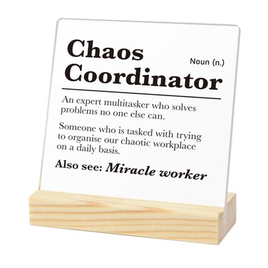 Chaos Coordinator Gifts Chaos Coordinator Desk Sign Appreciation Gift Thank You Gifts for Women Men Boss Coworker Mentor Coach Acrylic Sign with Stand Table Plaque 4 x 4 Inches