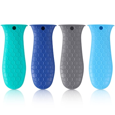 4 Pcs Silicone Hot Handle Holder Non Slip Heat Resistant Silicone Handle for Cast Iron Skillet Pan Handle Sleeve Handle Cover for Cookware, Green, Grey, Lake Blue, Dark Blue