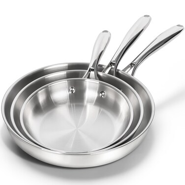 MICHELANGELO Stainless Steel Frying Pan Set, 8" / 9.5" / 11" Cooking Pans, Triply Base Stainless Steel Pan Set with Ergonomic Handle, Induction Compatible