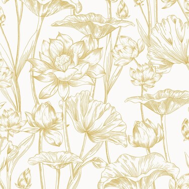 Vinjiasin Peel and Stick Wallpaper Gold and White Floral Contact Paper Yellow Lotus Wall Paper for Bathroom Bedroom Living Room Self Adhesive Removable Modern Flower Leaf 16.1"x 118