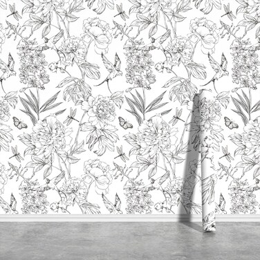 Jiffdiff White and Black Wallpaper Peel and Stick Sketched Peony Floral, Waterproof Removable Self Adhesive Wall Paper with Botanical, Bird and Butterfly for Bedroom and Bathroom 120"X17.3"(14.4sq.ft)