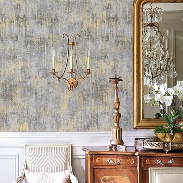 Zeeko Distressed Metallic Wallpaper Textured Wallpaper Non-Pasted 17.3"x 236" White Gold Wallpaper Metallic Concrete Wallpaper Modern Wallpaper Non Woven Wallpaper Traditional Wallpaper Need Adhesive