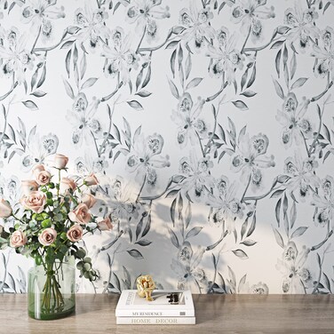 ReWallpaper Grey &amp; White Floral Peel and Stick Wallpaper Mural Neutral Iris Flower Contact Paper for Drawers Cabinets Desk 17.5in x 10ft Removable Gray Farmhouse Wallpaper for Bathroom Bedroom Kitchen