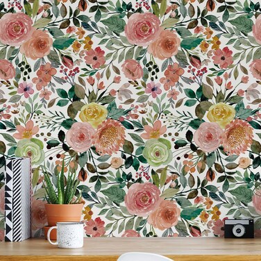 Simon&amp;Siff Floral Peel and Stick Wallpaper, 17.3" x 120" Floral Wallpaper Self Adhesive Wallpaper Boho Flower Wallpaper Kitchen Cabinets Furniture Decorative Renter Friendly Wallpaper