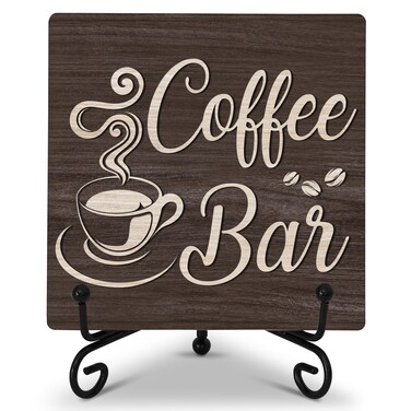 Cazhes Coffee Lover Gifts, Coffee Station Accessories, Coffee Bar Decor, Coffee Corner Sign, Brown Farmhouse Wooden Plaque with Iron for Tabletop Desk Display - F19