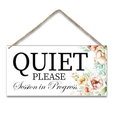Quiet Please Session in Progress Door Wood Sign Plaque Gift, Office Wooden Wall Hanging Sign with Twine, Do Not Disturb Shelf Wood Floral Art Sign, Meeting Room Home Study Decoration Supplies -008