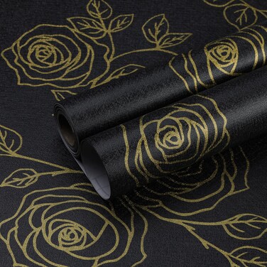 Biyoee Floral Peel and Stick Wallpaper Black and Gold Contact Paper 17.3" X 480"Floral Wallpaper Self-Adhesive Removable Wallpaper for Bedroom Cabinets Counter Top Shelf Liners