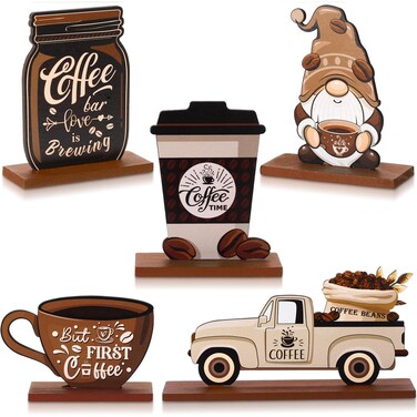 Blulu 5 Pieces Coffee Bar Decor Sign Farmhouse Coffee Bar Wood Signs Rustic Coffee Wooden Table Centerpiece Coffee Tiered Tray Decor Table Signs for Home Kitchen Coffee Station Decorations