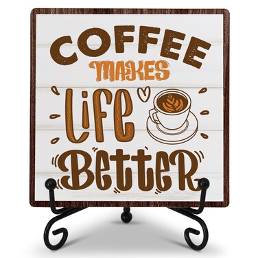 Cazhes Coffee Bar Decor, Coffee Station Accessories, Coffee Makes Life Better, Farmhouse Wooden Plaque with Iron Stand for Home Coffee Corner Tabletop Shelf Decor - F11