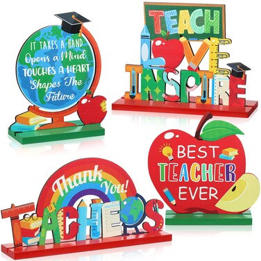 4 Pcs Best Teacher Appreciation Table Decoration Centerpieces Wooden Sign Thank You Teachers Gifts for Home School Classrooms Desks Decor (Base)