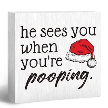 ANIANG He Sees You When You're Pooping Sign, Funny Christmas Decorations, Bathroom Christmas Decorations, Christmas Bathroom Decor, Christmas Sign, Christmas Wood Table Decor for Guest Bathroom Toilet