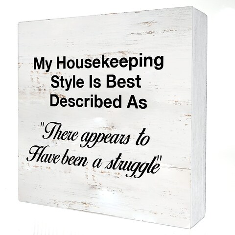 Vintage Wooden Box Sign Desk Decor My Housekeeping Style is Best Described Wood Block Plaque Box Signs with Quotes Rustic Box Sign for Home Bedroom Living Room Office Shelf Table Decoration (5 X 5