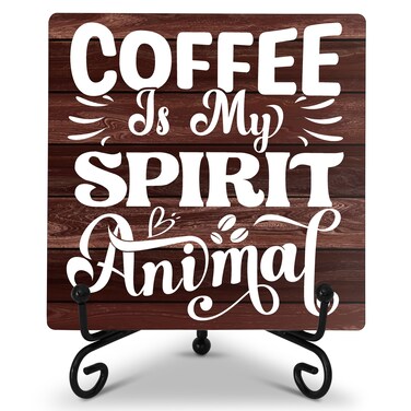 Cazhes Coffee Station Accessories, Coffee Lover Gifts, Coffee Bar Decor, Coffee is My Spirit Animal, Brown Wooden Plaque with Iron for Tabletop Desk Display - F28