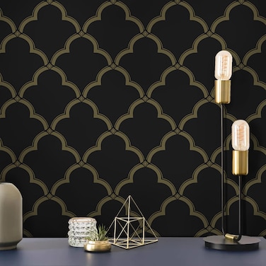 Hopepak Black and Gold Wallpaper Peel and Stick Wallpaper Modern Geometric Trellis Contact Paper Self Adhesive Removable Wallpaper for Cabinets Bathroom Wall Paper17.3''x78.7''