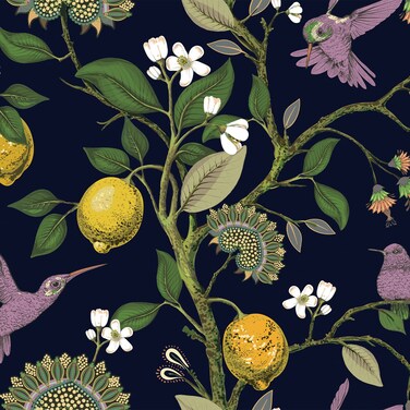 VEELIKE 17.7''x118'' Navy Blue Lemon Tree Peel and Stick Wallpaper Modern Hummingbirds Floral Wallpaper Blue Wallpaper Removable Self Adhesive Blue Contact Paper for Bedroom Bathroom Walls Furniture