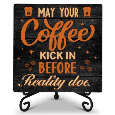 Cazhes Coffee Lover Gifts, Coffee Station Accessories, Coffee Bar Decor, May Coffee Kick in Before Reality Does, Wooden Plaque with Iron for Tabletop Desk Display- F21
