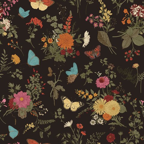 VEELIKE Vintage Dark Butterflies Marigolds Floral Wallpaper 17.7&#39;&#39;x354&#39;&#39; Black Floral Peel and Stick Wallpaper Mural Removable Self Adhesive Decorative Contact Paper for Bathroom Bedroom Walls Cabinet